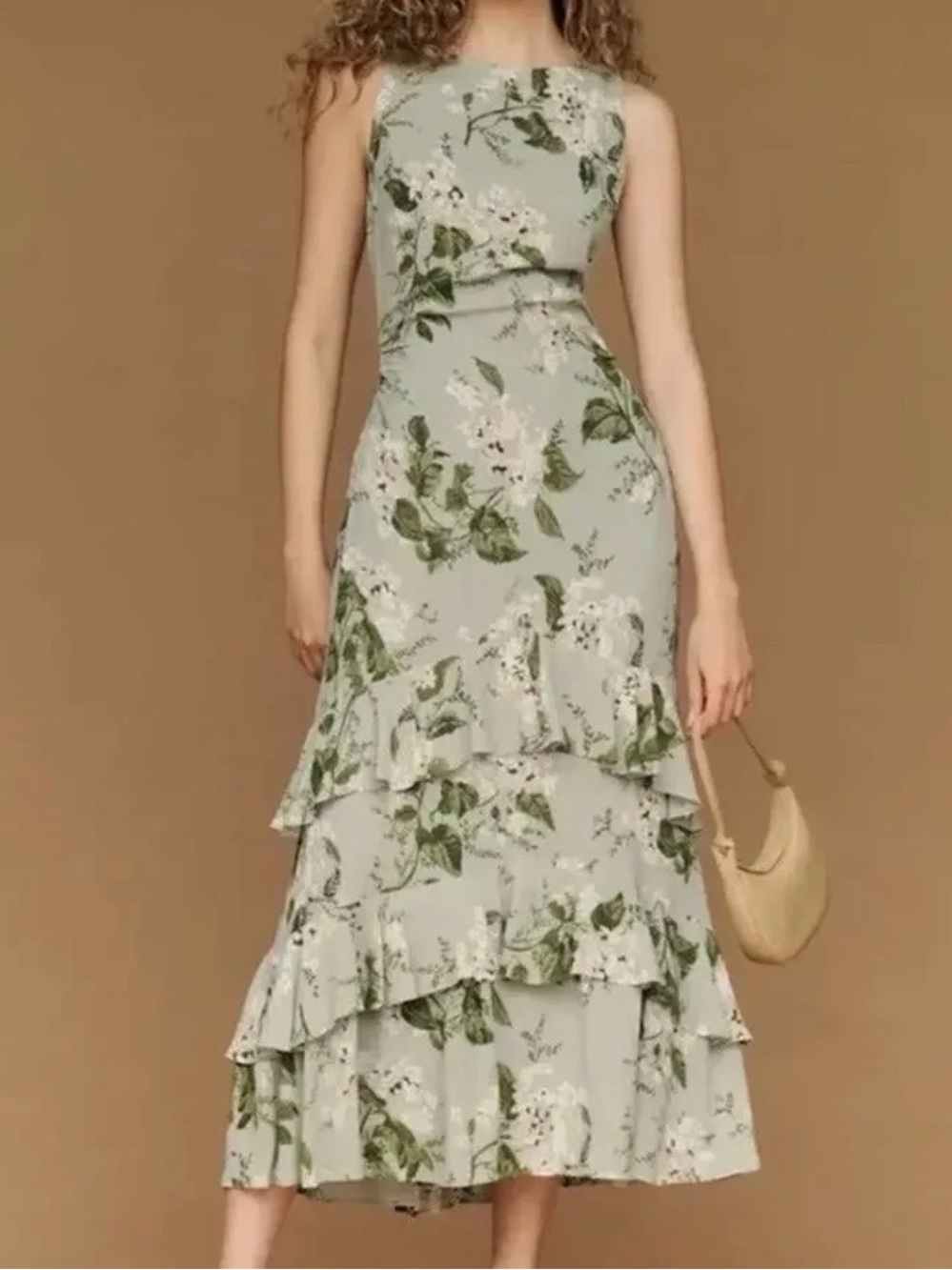 Reformation Sage Green Floral Maxi Dress with Ruffle Hem size 8